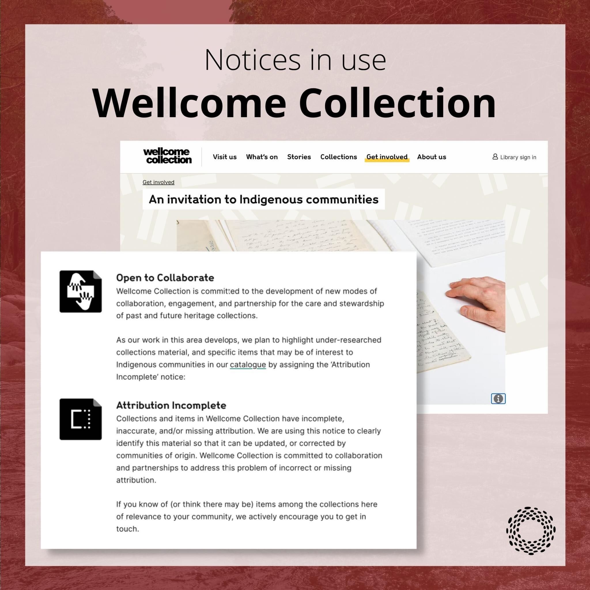 On a decorative red background, text: “Notices in use. Wellcome Collection.” Two screenshots from the Wellcome Collection website. The first shows a title, “An invitation to Indigenous communities.” The second shows text with two Notices applied, Open to Collaborate and Attribution Incomplete.