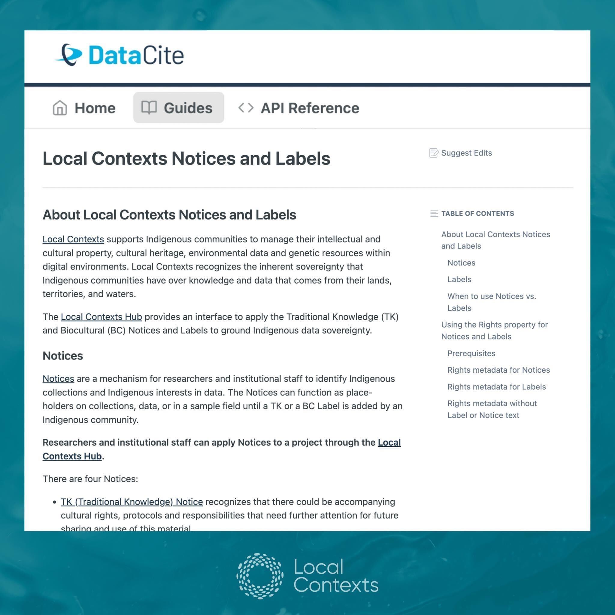 On a decorative blue background, a screenshot of the DataCite Support website titled “Local Contexts Notices and Labels.” At the bottom, the Local Contexts logo, a ring made of dots, in white.