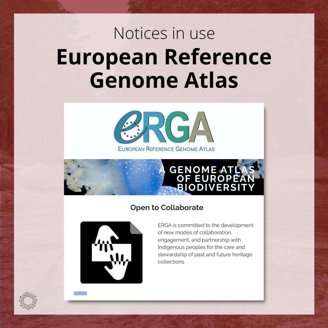 Text and screenshot on decorative red background. “Notices in use. European Reference Genome Atlas.” Screenshot showing the European Reference Genome Atlas website, “A Genome Atlas of European Biodiversity,” with the Open to Collaborate Notice. The icon is a black square with two hands reaching towards each other over a box.