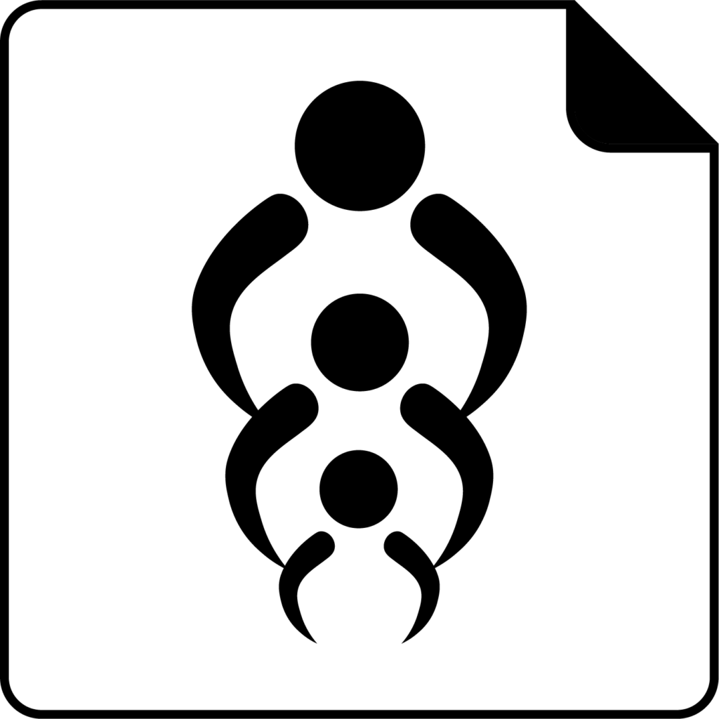 Icon for Belonging Notice. Abstract design within a white square. Three layered sets of black circles with two curved black lines representing three people.