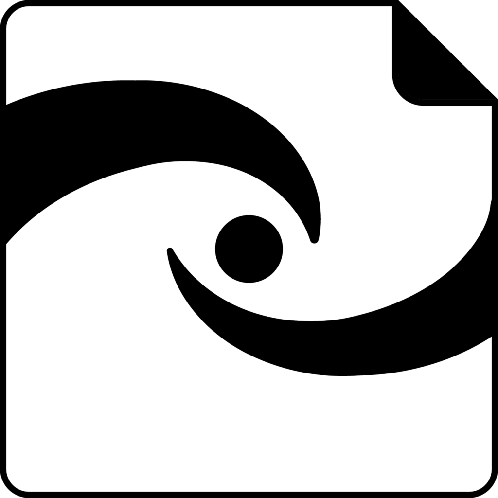 Icon for Caring Notice. Abstract design within a white square. Two curved black lines surround a black circle.