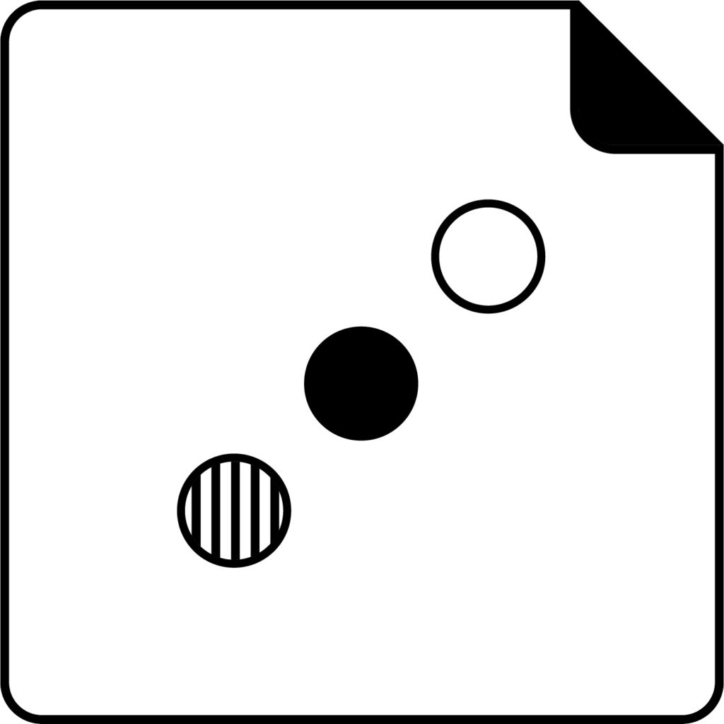 Icon for Gender Aware Notice. Abstract design within a white square. Three circles in a diagonal line: A black outlined circle, a black filled circle, and a striped black and white circle.