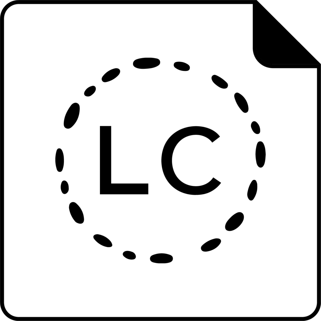 Icon for Overall Collections Care Notice. Within a white square, black L.C. in middle of a circle made of dots.