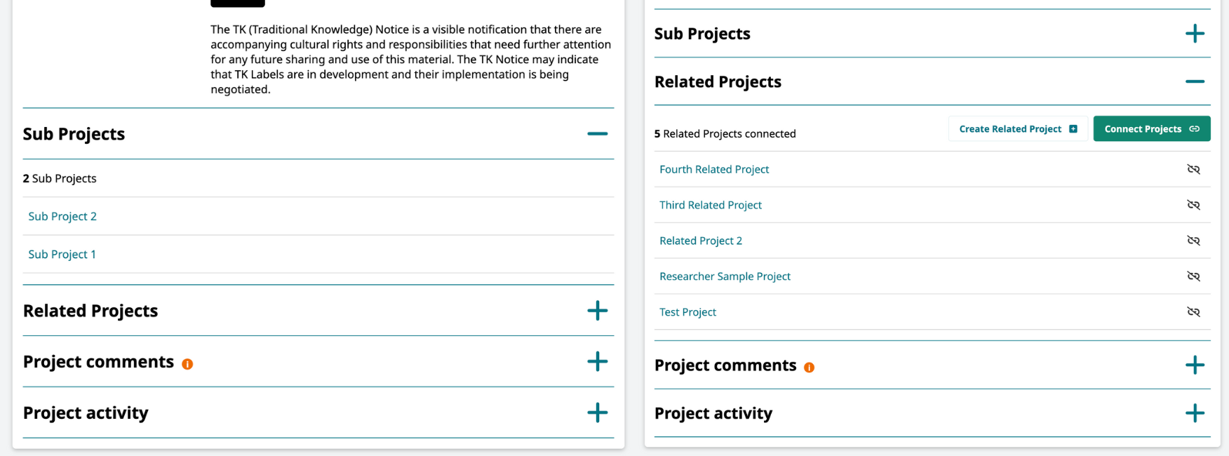 Composite of screenshots of the Local Contexts Hub showing the Sub Projects and Related Projects section of the Project page.
