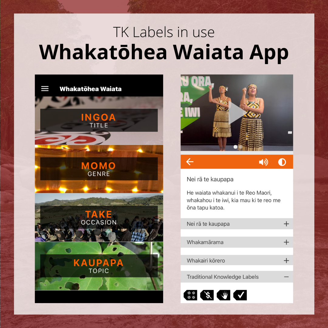 On a decorative red background, text: “TK Labels in use: Whakatōhea Waiata App.” Below, 2 screenshots from the Waiata app showing the title screen and one of the waiata with TK Labels.