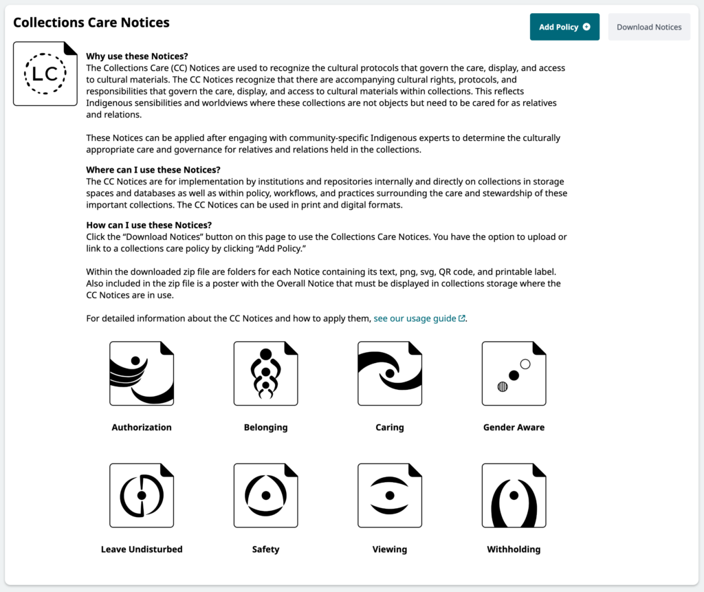 Screenshot of the Collections Care Notices in the Local Contexts Hub.