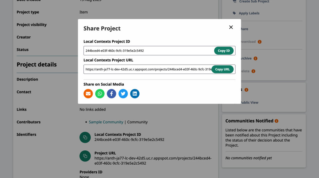 Screenshot showing the Share Project modal, which has buttons to copy the ID or URL and buttons to share to email, WhatsApp, Facebook, Twitter, and LinkedIn