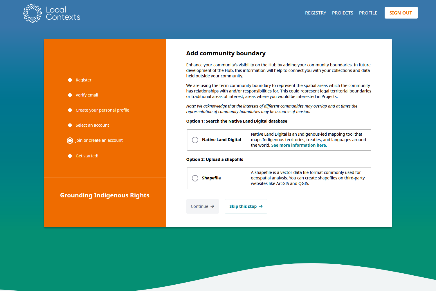 Screenshot of the add community boundary page in community account registration. Two options are shown, search the Native Land Digital database or upload a shapefile.